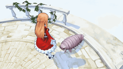 A Cartoon Girl In A White Dress Stands Next To A Monster GIF