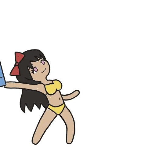 a cartoon girl in a yellow bikini is holding a blue tetris block