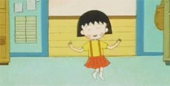 A Cartoon Girl In A Yellow Shirt And Red Skirt Is Dancing In A Hallway . GIF