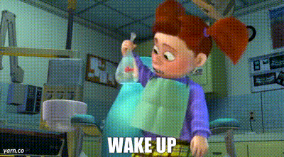A Cartoon Girl Is Brushing Her Teeth In A Dental Chair And The Words Wake Up Are On The Bottom GIF