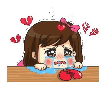 a cartoon girl is crying with a broken heart in the background