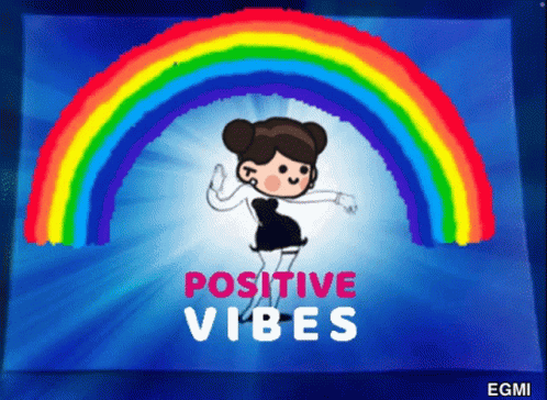 A Cartoon Girl Is Dancing In Front Of A Rainbow With The Words Positive Vibes Below Her GIF