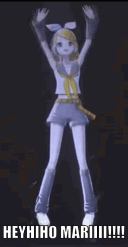 A Cartoon Girl Is Dancing With Her Arms In The Air And The Words `` Heyhiho Mariii !!! '' Below Her . GIF