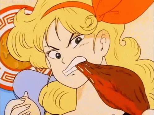 A Cartoon Girl Is Eating A Piece Of Meat With Her Mouth Open . GIF