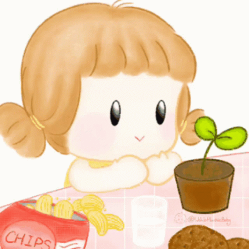 A Cartoon Girl Is Eating Chips Next To A Potted Plant GIF