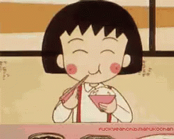 A Cartoon Girl Is Eating With Chopsticks From A Pink Bowl GIF