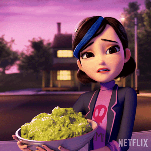 A Cartoon Girl Is Holding A Bowl Of Guacamole With The Netflix Logo In The Corner GIF