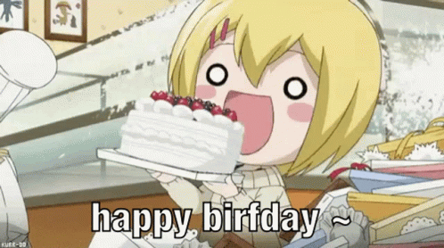 A Cartoon Girl Is Holding A Cake And Saying Happy Birthday GIF