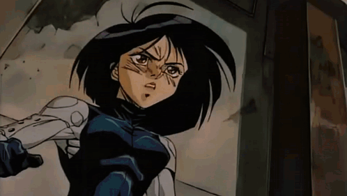 A Cartoon Girl Is Holding A Gun In Her Hand And Looking Out Of A Window . GIF