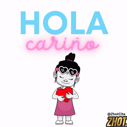 A Cartoon Girl Is Holding A Heart With The Words Hola Carino Above Her GIF