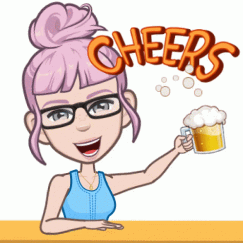 A Cartoon Girl Is Holding A Mug Of Beer And Cheers GIF