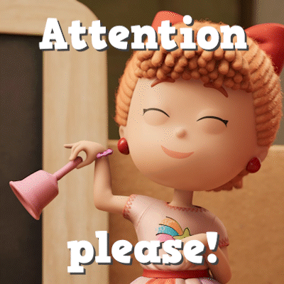 A Cartoon Girl Is Holding A Pink Bell And The Words Attention Please Are Above Her GIF
