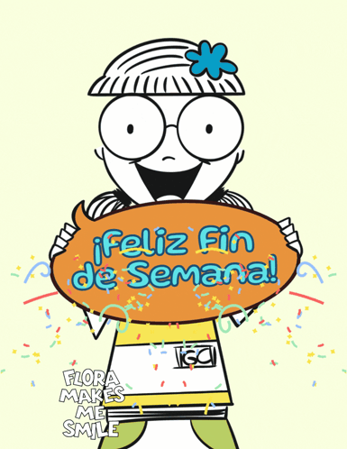 A Cartoon Girl Is Holding A Sign That Says Feliz Fin De Semana GIF