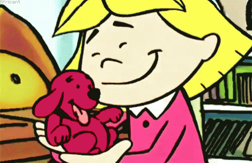 A Cartoon Girl Is Holding A Stuffed Red Dog In Her Arms GIF