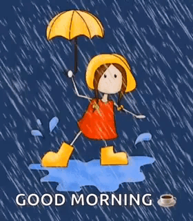 A Cartoon Girl Is Holding An Umbrella And Jumping In The Rain . GIF