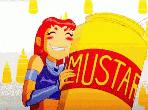 A Cartoon Girl Is Hugging A Jar Of Mustard . GIF