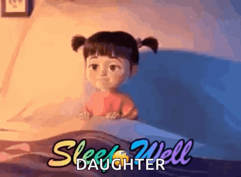 A Cartoon Girl Is Laying In A Bed With The Words Sleep Well Daughter Written On The Bottom . GIF