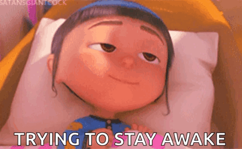 A Cartoon Girl Is Laying On A Bed With The Words Trying To Stay Awake Written Below Her GIF
