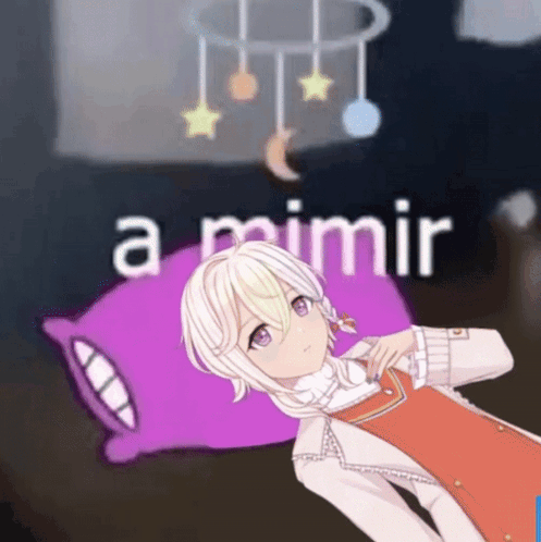 A Cartoon Girl Is Laying On A Purple Pillow With The Words " A Mimir " Behind Her GIF