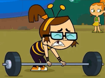 A Cartoon Girl Is Lifting A Barbell With A Bee On Her Head GIF