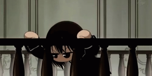A Cartoon Girl Is Peeking Over A Railing And Making A Funny Face . GIF