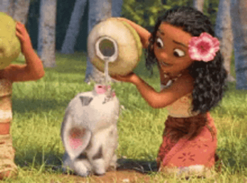 A Cartoon Girl Is Pouring Water From A Coconut Into A Rabbit . GIF