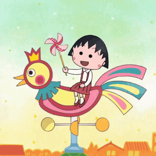 A Cartoon Girl Is Riding On The Back Of A Colorful Bird While Holding A Pinwheel GIF