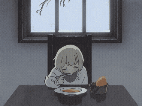 A Cartoon Girl Is Sitting At A Table Drinking Soup GIF