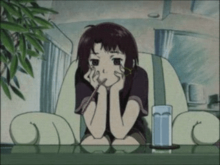 A Cartoon Girl Is Sitting At A Table With A Glass Of Water In Front Of Her . GIF