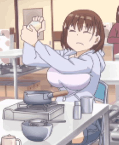A Cartoon Girl Is Sitting At A Table With A Stove And A Bowl Of Food In Front Of Her . GIF