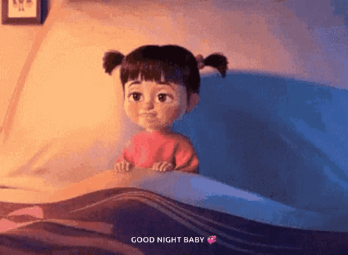 A Cartoon Girl Is Sitting In A Bed With The Words " Good Night Baby " Above Her GIF