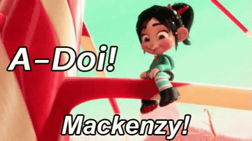 A Cartoon Girl Is Sitting On A Candy Cane With The Words " A-Doil Mackenzie " Written Above Her GIF