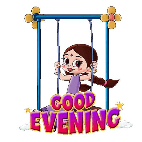 A Cartoon Girl Is Sitting On A Swing With The Words " Good Evening " Above Her GIF