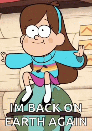 A Cartoon Girl Is Sitting On Top Of A Globe With The Words Im Back On Earth Again GIF