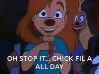 A Cartoon Girl Is Smiling And Saying `` Oh Stop It ... Chick Fil A All Day '' . GIF