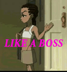 A Cartoon Girl Is Standing In Front Of A Door With The Words Like A Boss In Pink Letters GIF