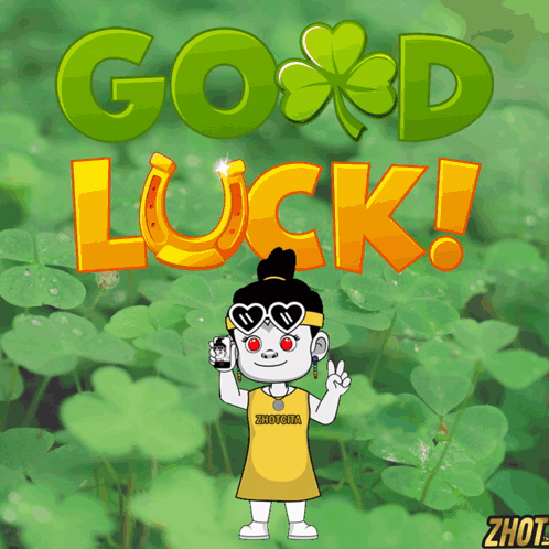A Cartoon Girl Is Standing In Front Of A Green Background With The Words Good Luck On It GIF