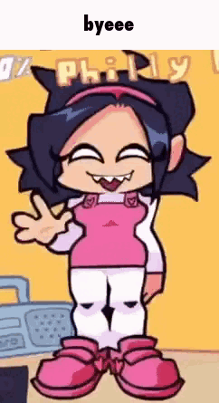 A Cartoon Girl Is Standing In Front Of A Radio And Waving Her Hand . GIF