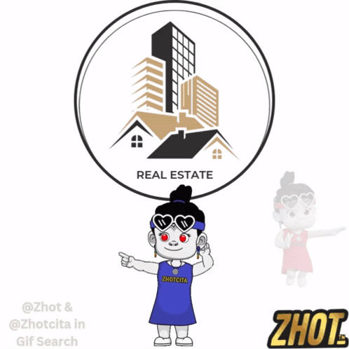 A Cartoon Girl Is Standing In Front Of A Real Estate Sign GIF