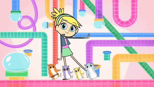 A Cartoon Girl Is Standing Next To A Bunch Of Hamsters On A Pink Tiled Floor GIF