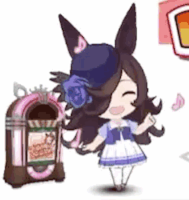 A Cartoon Girl Is Standing Next To A Jukebox And Smiling . GIF