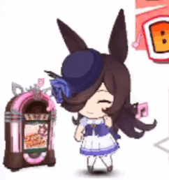 A Cartoon Girl Is Standing Next To A Jukebox And Wearing A Blue Hat . GIF