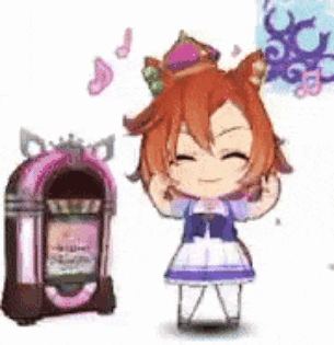 A Cartoon Girl Is Standing Next To A Jukebox With A Crown On Her Head . GIF