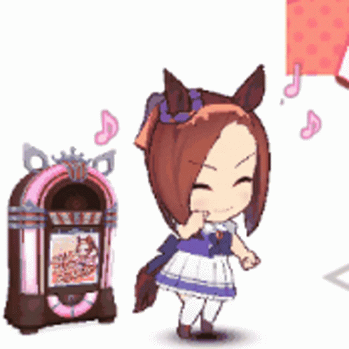 a cartoon girl is standing next to a jukebox with music notes coming out of it .