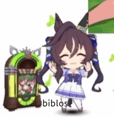 A Cartoon Girl Is Standing Next To A Jukebox With The Word Biblos On It . GIF