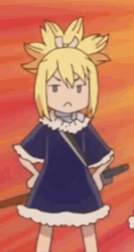 A Cartoon Girl Is Standing With Her Hands On Her Hips And Holding A Sword . GIF