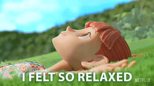 A Cartoon Girl Laying In The Grass With The Words I Felt So Relaxed GIF