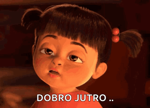 A Cartoon Girl Says " Dobro Jutro " In Front Of A Red Background GIF
