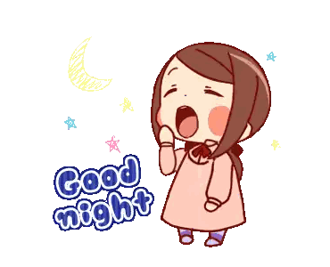 a cartoon girl says good night with a moon and stars in the background