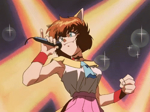 A Cartoon Girl Singing Into A Microphone With A Cross On The Background GIF